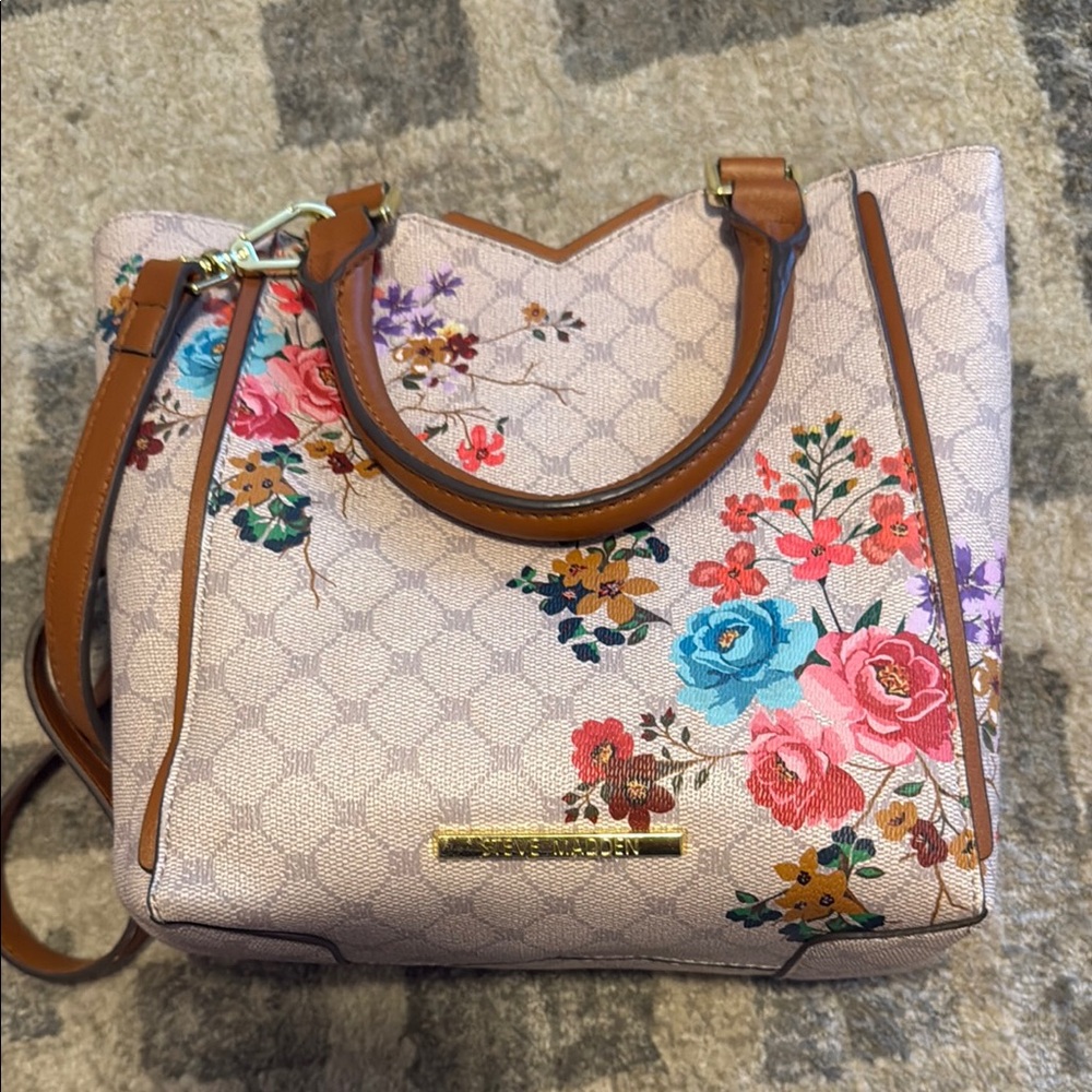 Steve Madden Cream and Brown Tote with Floral Design